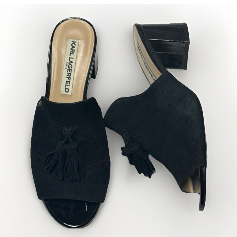 Karl Lagerfeld Bettie black kid suede peep toe mules slide on shoes